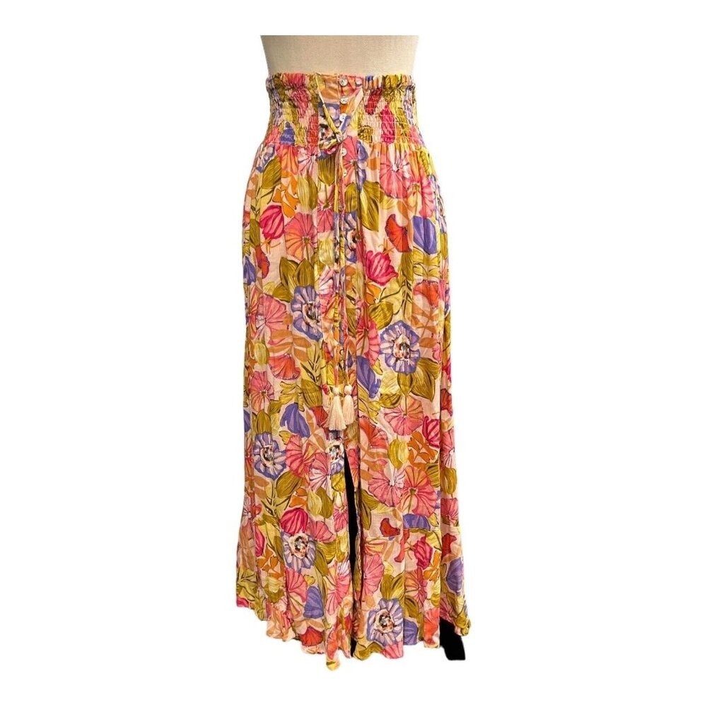 Ava Christine Skirt‎  Floral Maxi Smocked Waist Button Front Slit Size S Beach